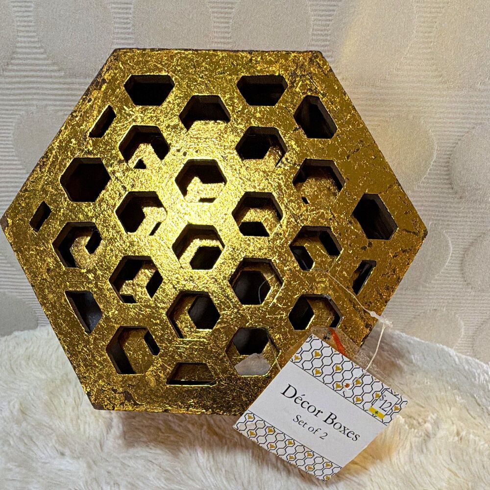 Set of 2 Hexagon Wood Decorative Boxes Gold Honeycomb Cutout Lids Nesting